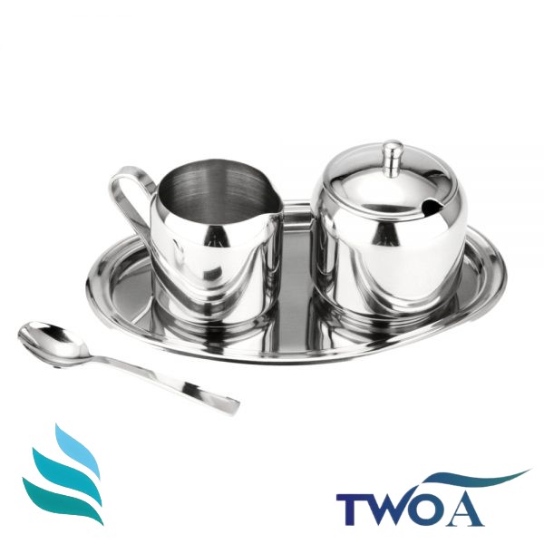 Stainless Steel Sugar Bowl and Creamer Set with Tray and Spoon